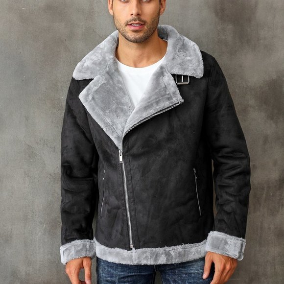 Black Casual Mens Zip Up Lapel Neck Teddy Lined Coat - Picture 4 of 8